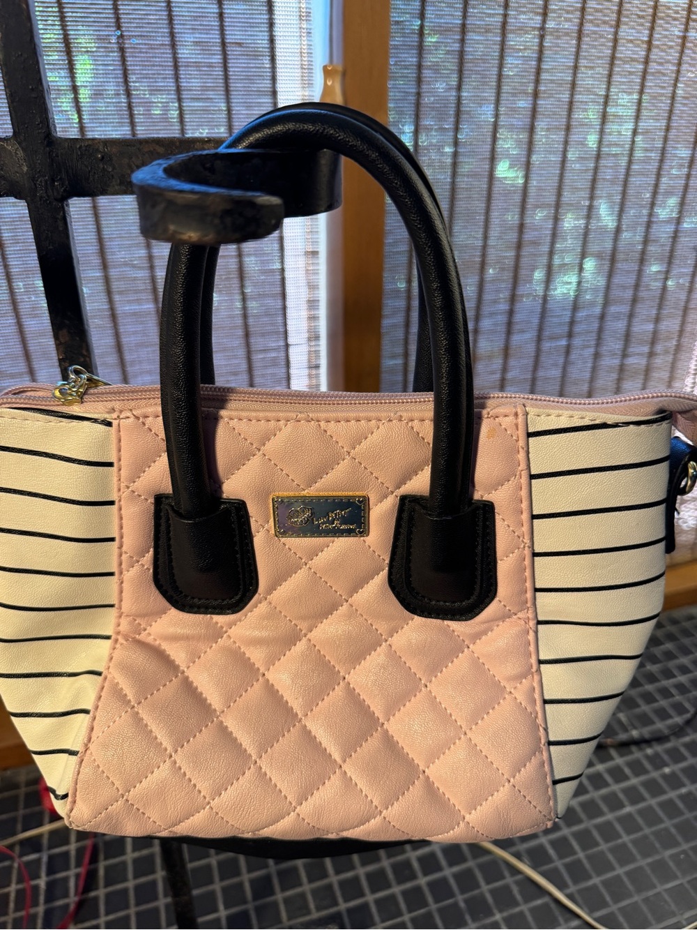Betsy Johnson Quilted Pink Stripe Satchel Handbag - Black Handles